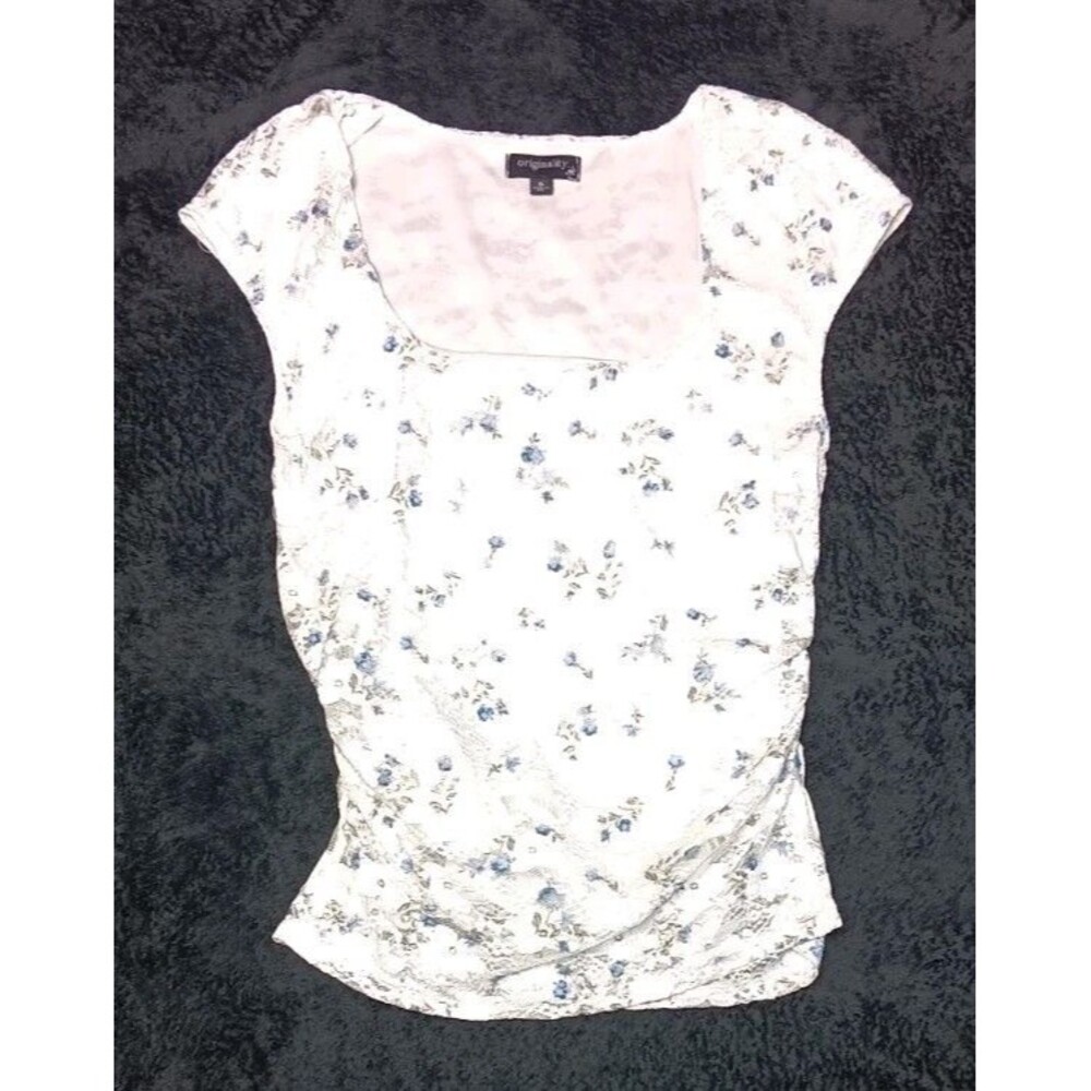 Originality Square Neck Lace Overlay Ruched Sides Blouse S White Coquette Dainty